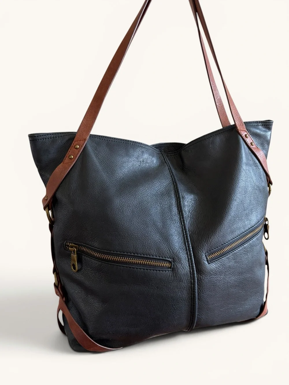 Lucky Brand Black Leather Tote with Brown Straps